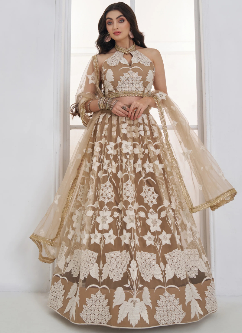 Beige Festive Wear Net Sequence Thread Embroidery Lehenga Choli Set