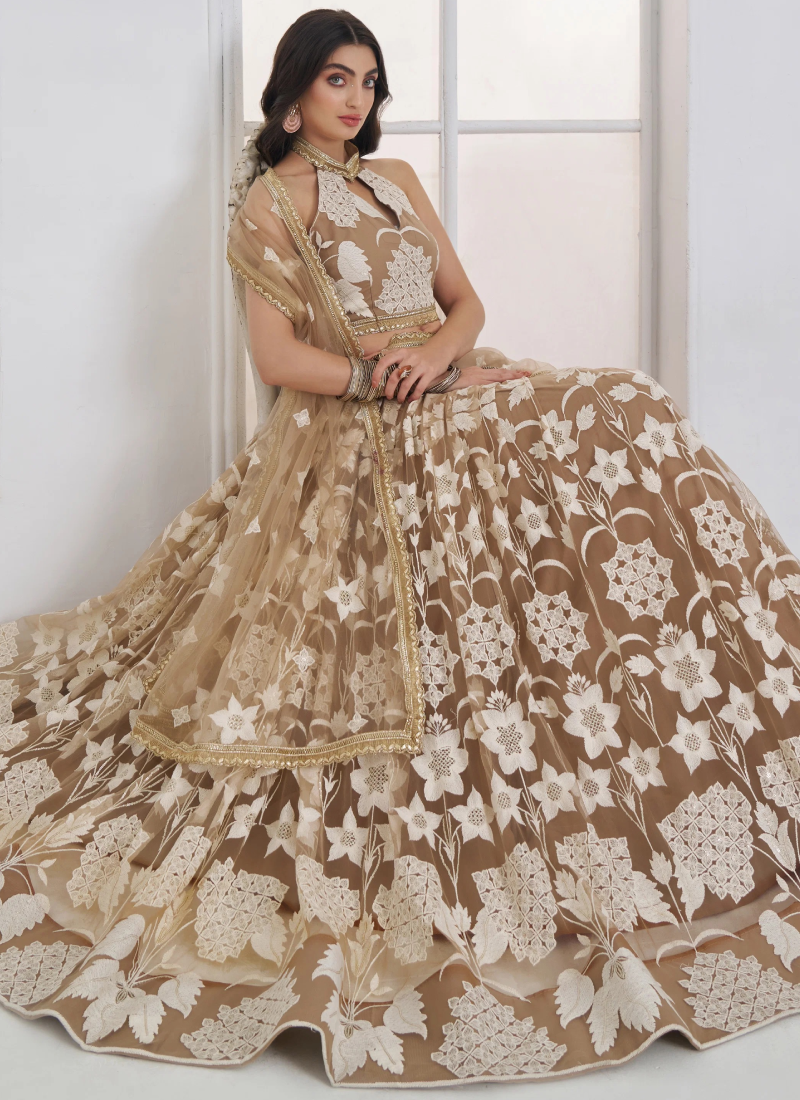 Beige Festive Wear Net Sequence Thread Embroidery Lehenga Choli Set
