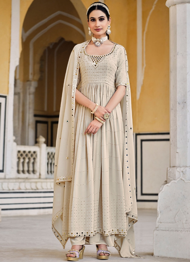 Beige Georgette Mirror Work Palazzo Suit With Dupatta tapee.in