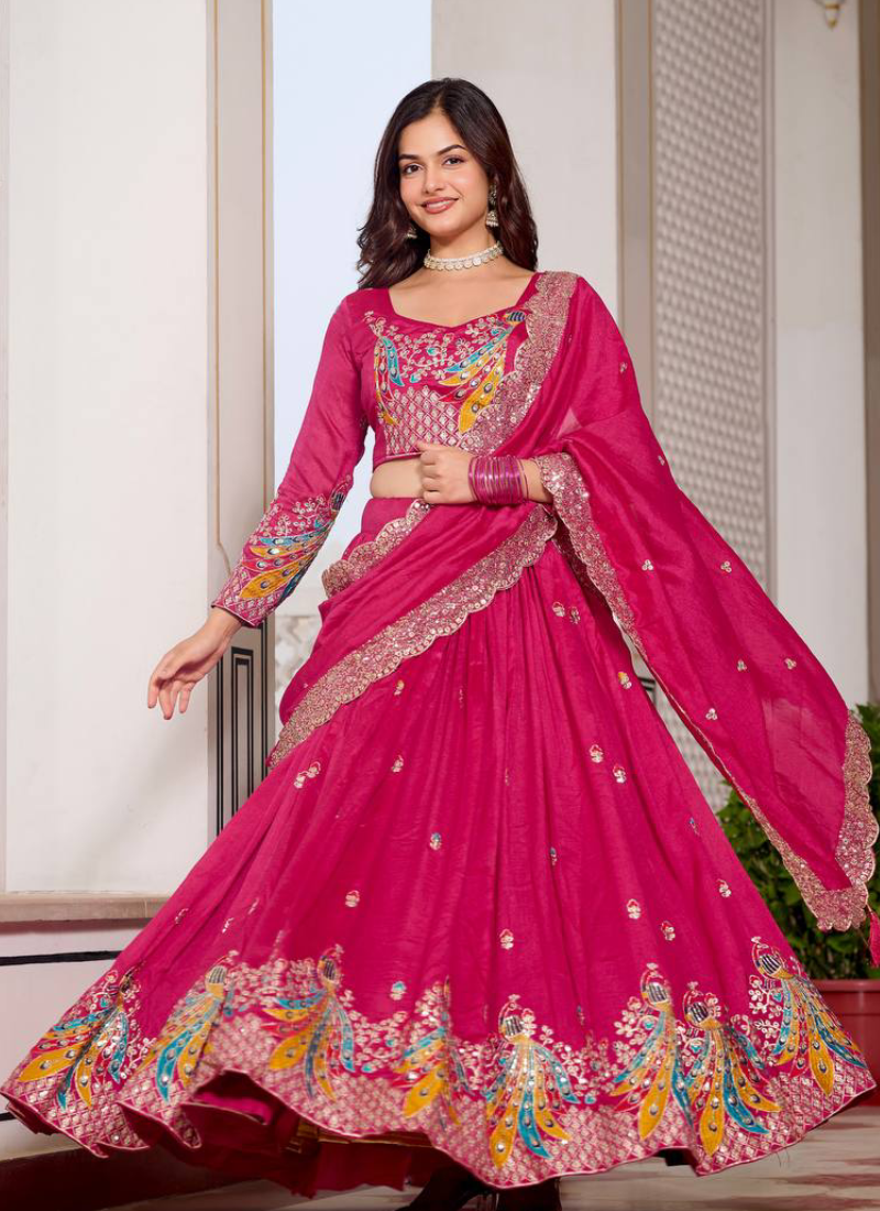 Bewitching Heavy Sequence Embroidered Vichitra Silk Pink Lehenga Choli