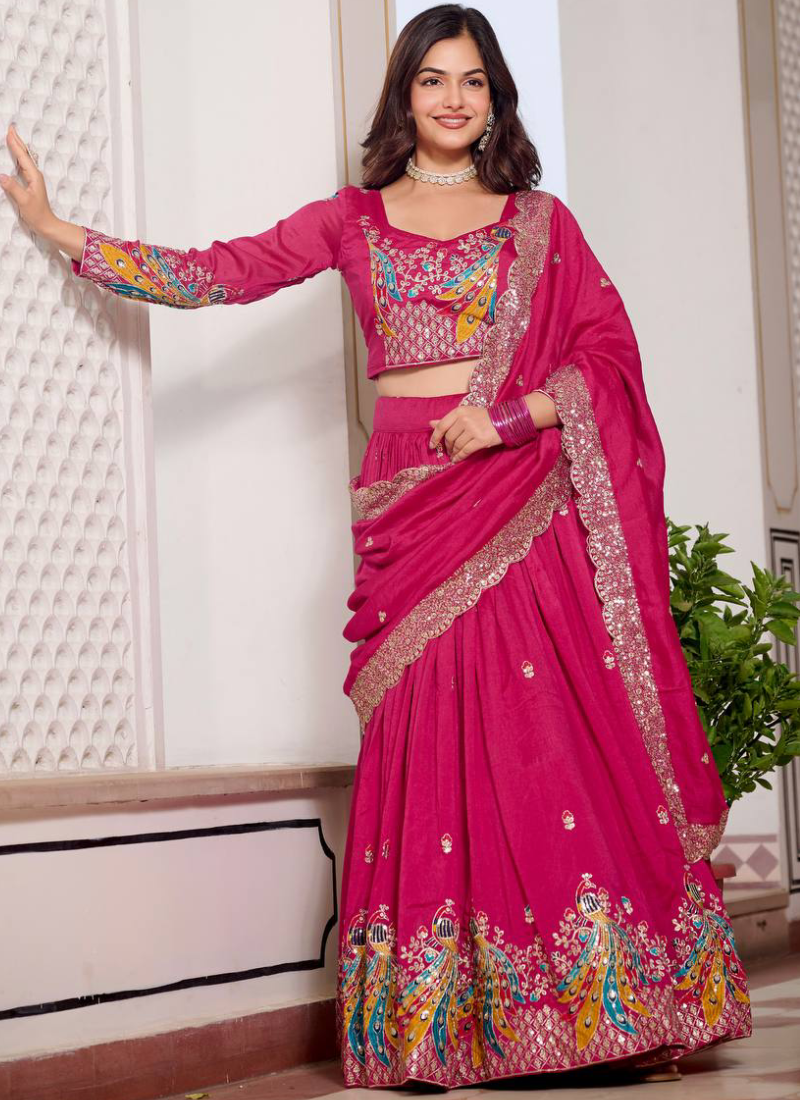 Bewitching Heavy Sequence Embroidered Vichitra Silk Pink Lehenga Choli