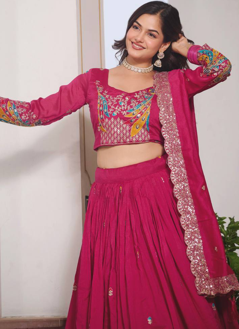 Bewitching Heavy Sequence Embroidered Vichitra Silk Pink Lehenga Choli