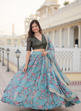 Bewitching Russian Silk Floral Printed Sky Blue Lehenga Choli