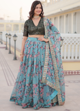 Bewitching Russian Silk Floral Printed Sky Blue Lehenga Choli