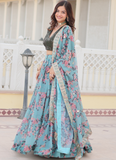 Bewitching Russian Silk Floral Printed Sky Blue Lehenga Choli