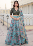 Bewitching Russian Silk Floral Printed Sky Blue Lehenga Choli