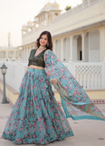 Bewitching Russian Silk Floral Printed Sky Blue Lehenga Choli