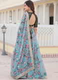 Bewitching Russian Silk Floral Printed Sky Blue Lehenga Choli