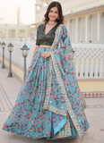 Bewitching Russian Silk Floral Printed Sky Blue Lehenga Choli