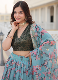 Bewitching Russian Silk Floral Printed Sky Blue Lehenga Choli