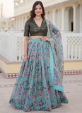 Bewitching Russian Silk Floral Printed Sky Blue Lehenga Choli