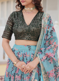 Bewitching Russian Silk Floral Printed Sky Blue Lehenga Choli