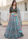 Bewitching Russian Silk Floral Printed Sky Blue Lehenga Choli