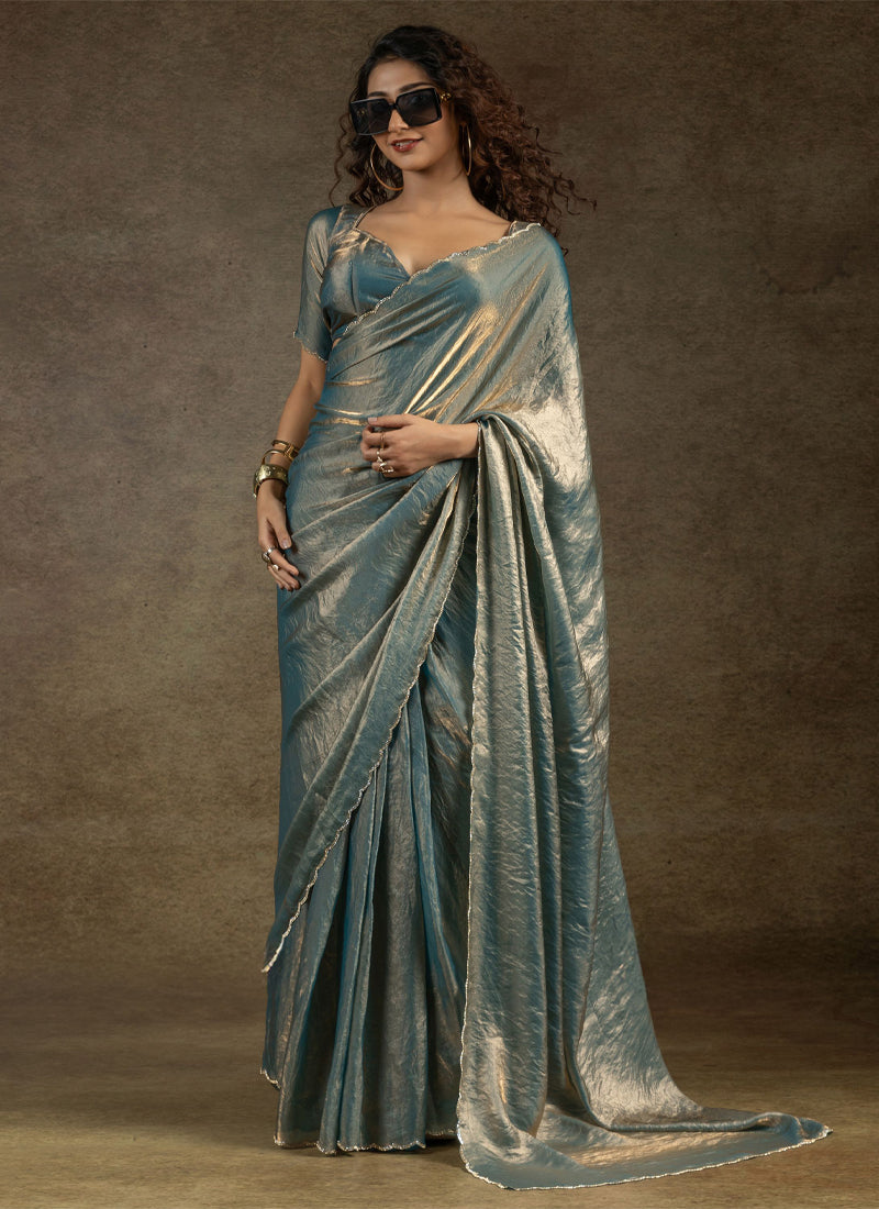 Bewitching Dusty Blue Satin Silk Diamond Work Saree With Blouse