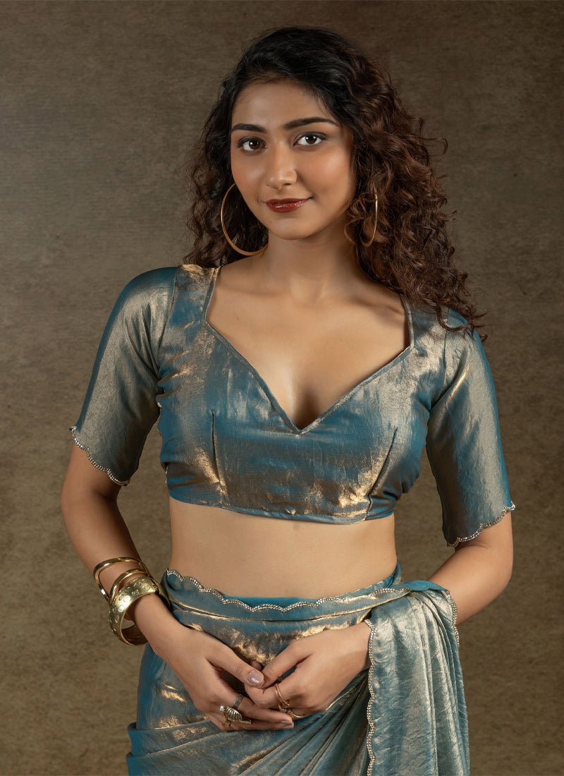 Bewitching Dusty Blue Satin Silk Diamond Work Saree With Blouse