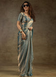 Bewitching Dusty Blue Satin Silk Diamond Work Saree With Blouse