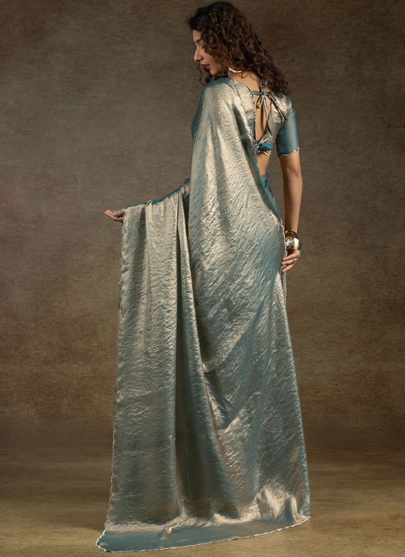 Bewitching Dusty Blue Satin Silk Diamond Work Saree With Blouse