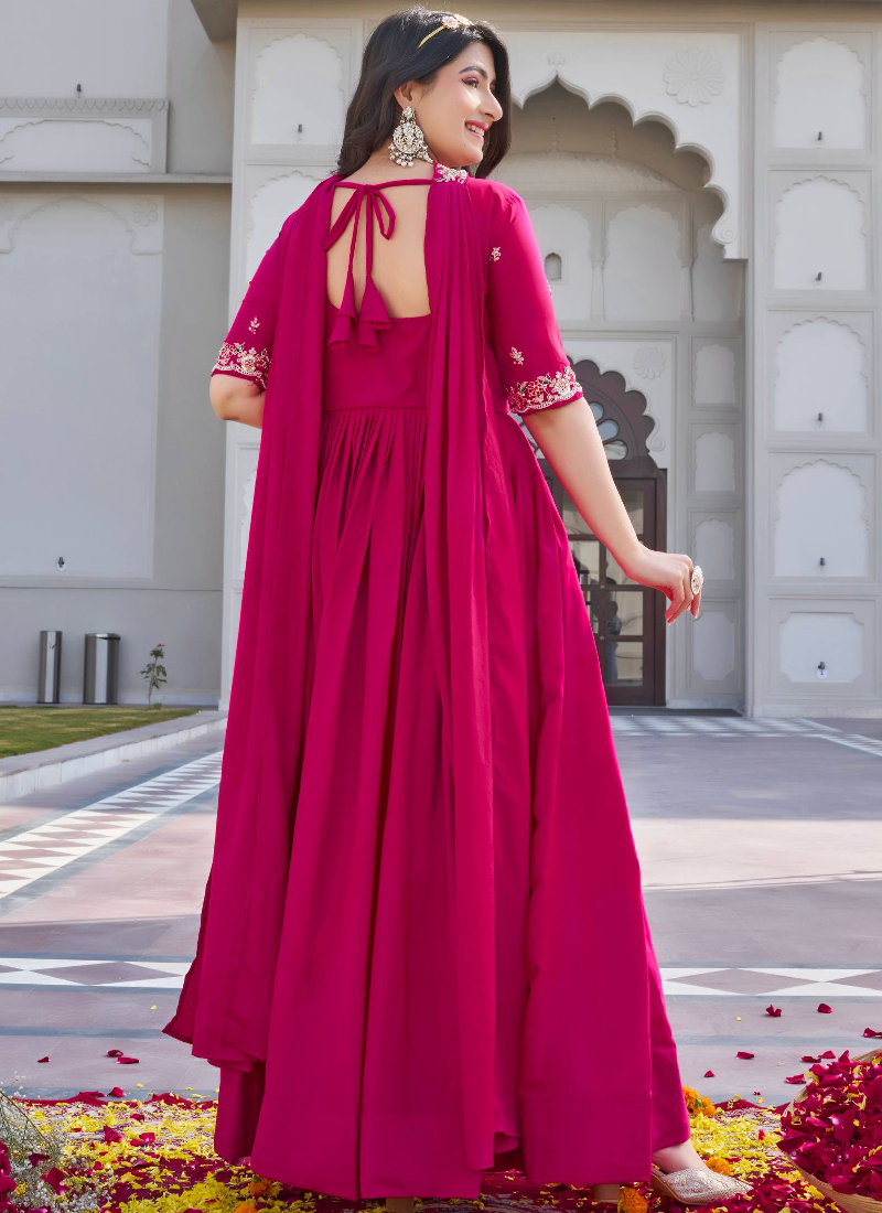 Bids And Coding Embroidered Work Crepe Silk Rani Pink Gown For Women