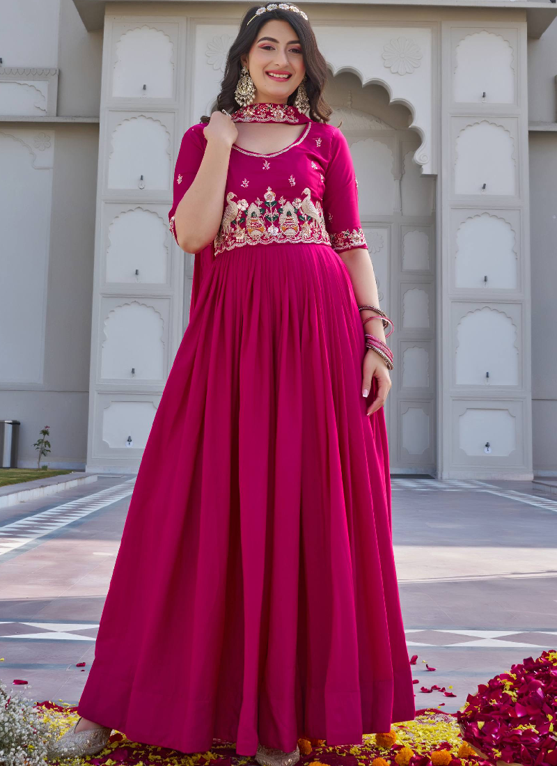 Bids And Coding Embroidered Work Crepe Silk Rani Pink Gown For Women