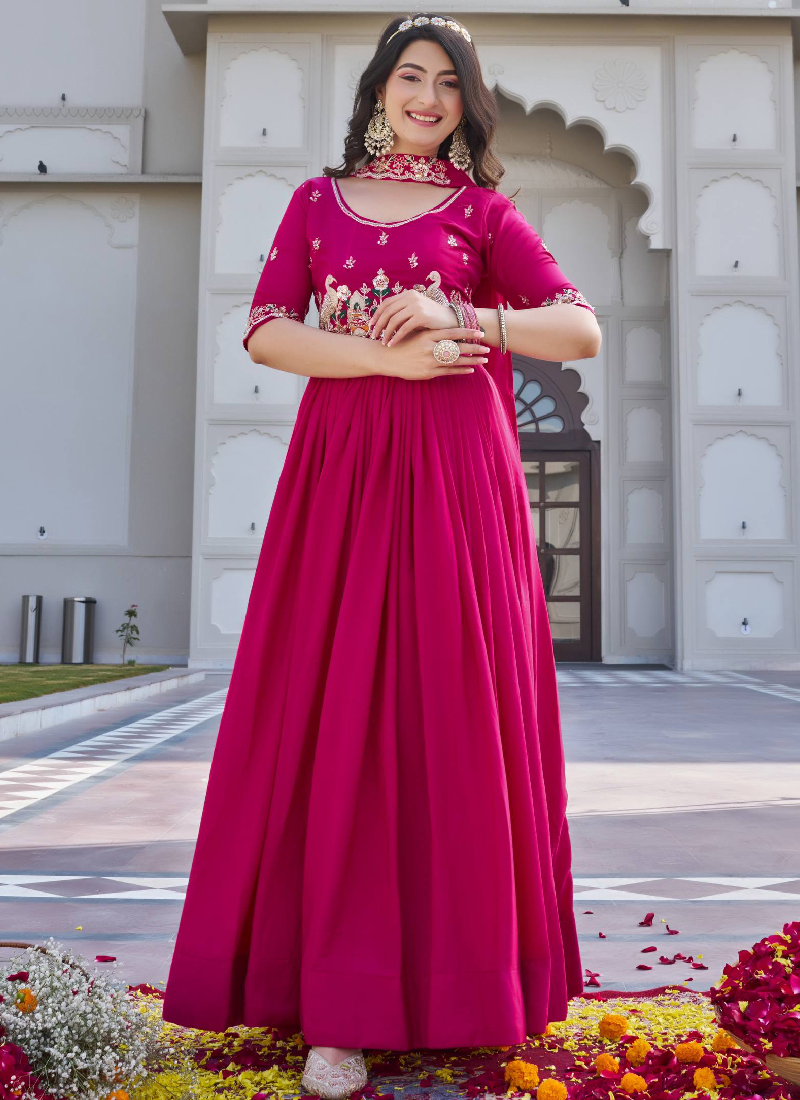 Bids And Coding Embroidered Work Crepe Silk Rani Pink Gown For Women