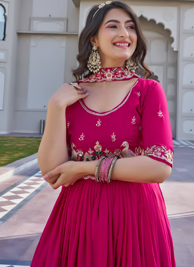 Bids And Coding Embroidered Work Crepe Silk Rani Pink Gown For Women