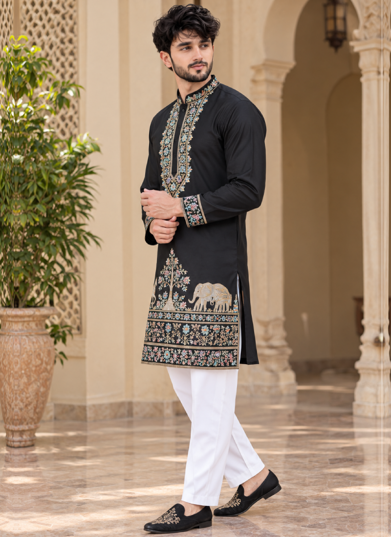 Black Coach Silk Thread Embroidered Kurta Pant Set For Men