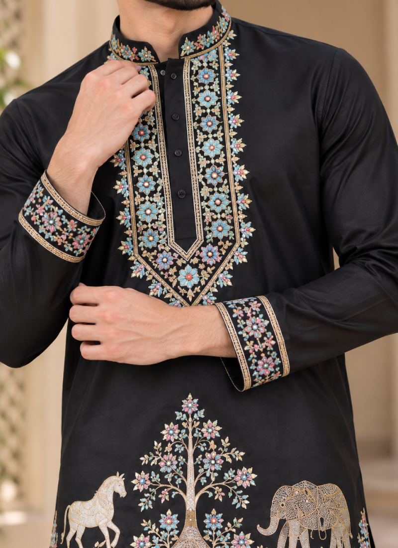 Black Coach Silk Thread Embroidered Kurta Pant Set For Men
