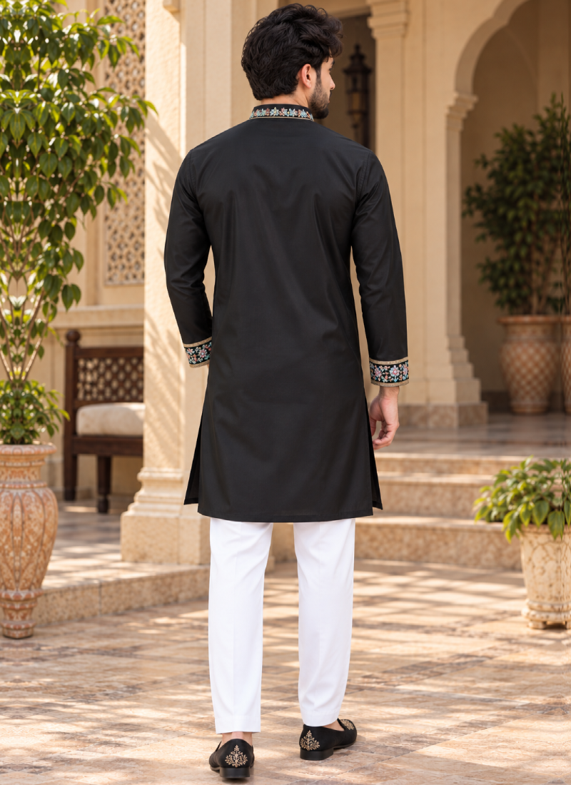 Black Coach Silk Thread Embroidered Kurta Pant Set For Men