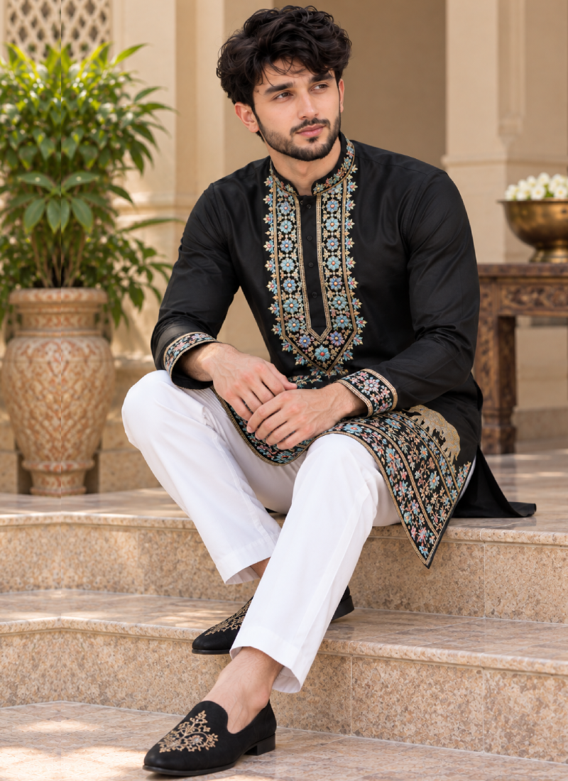 Black Coach Silk Thread Embroidered Kurta Pant Set For Men