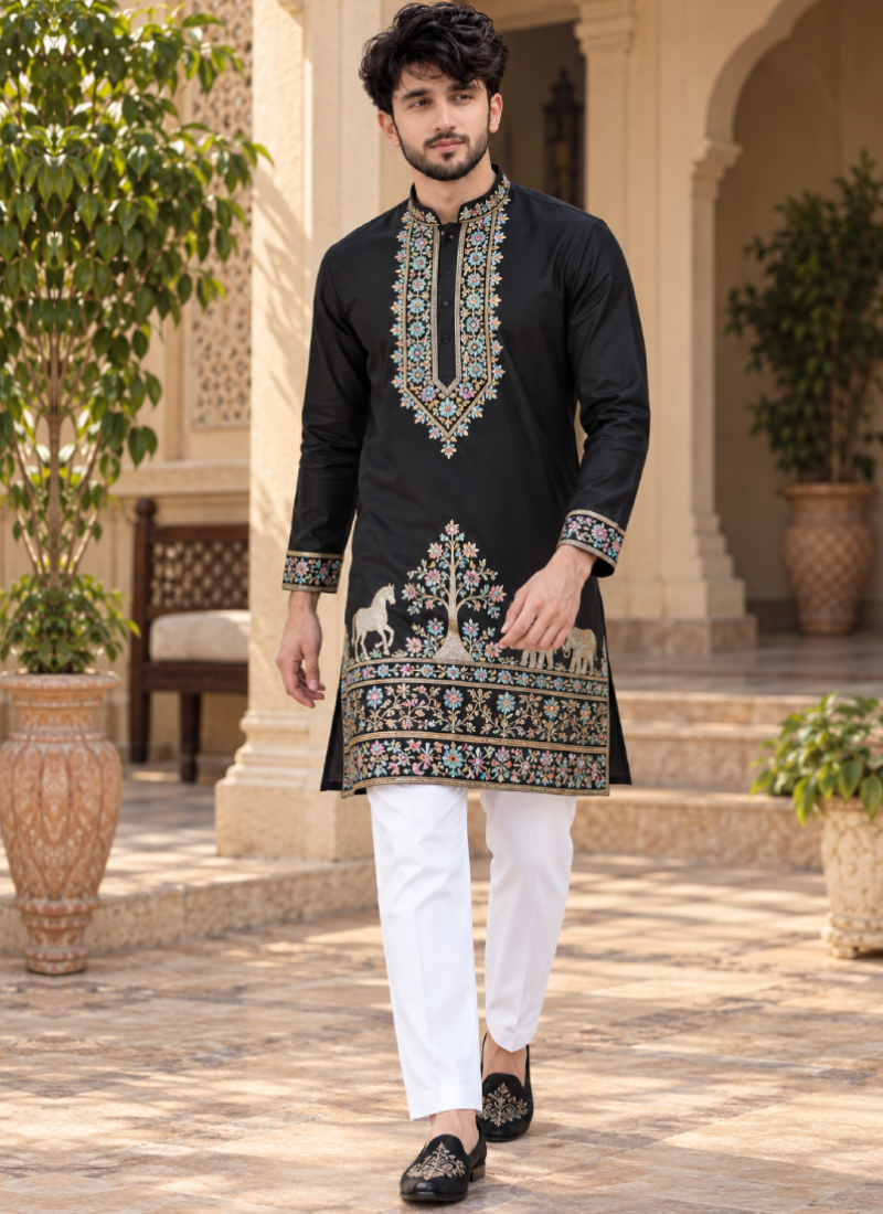 Black Coach Silk Thread Embroidered Kurta Pant Set For Men