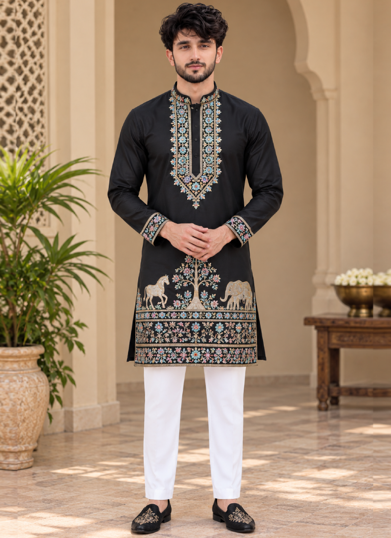 Black Coach Silk Thread Embroidered Kurta Pant Set For Men