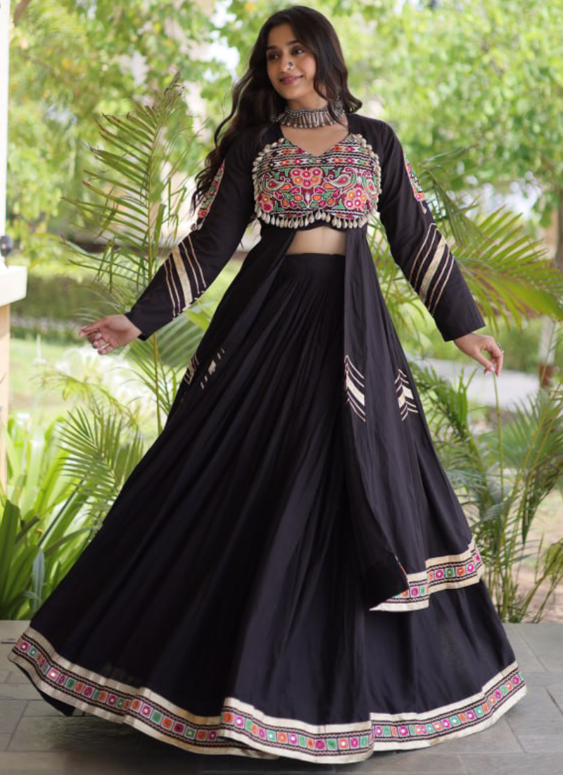 Black Navratri Wear Gamthi Thread Real Mirror Kora Cotton Lehenga Set