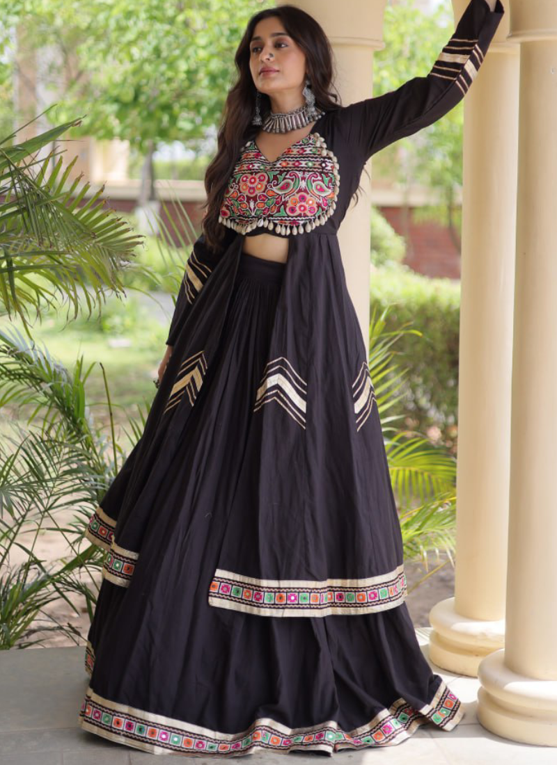 Black Navratri Wear Gamthi Thread Real Mirror Kora Cotton Lehenga Set