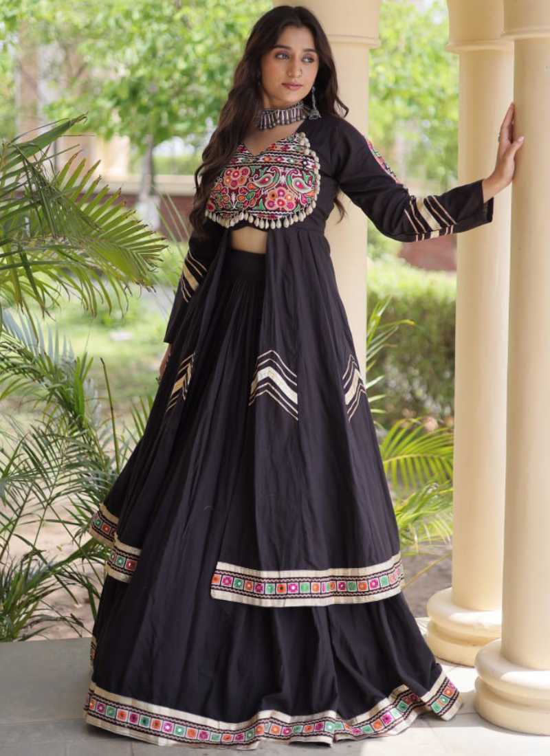 Black Navratri Wear Gamthi Thread Real Mirror Kora Cotton Lehenga Set