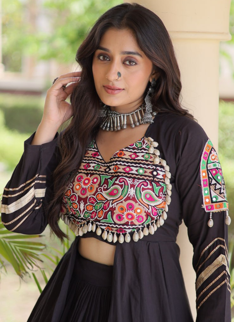 Black Navratri Wear Gamthi Thread Real Mirror Kora Cotton Lehenga Set