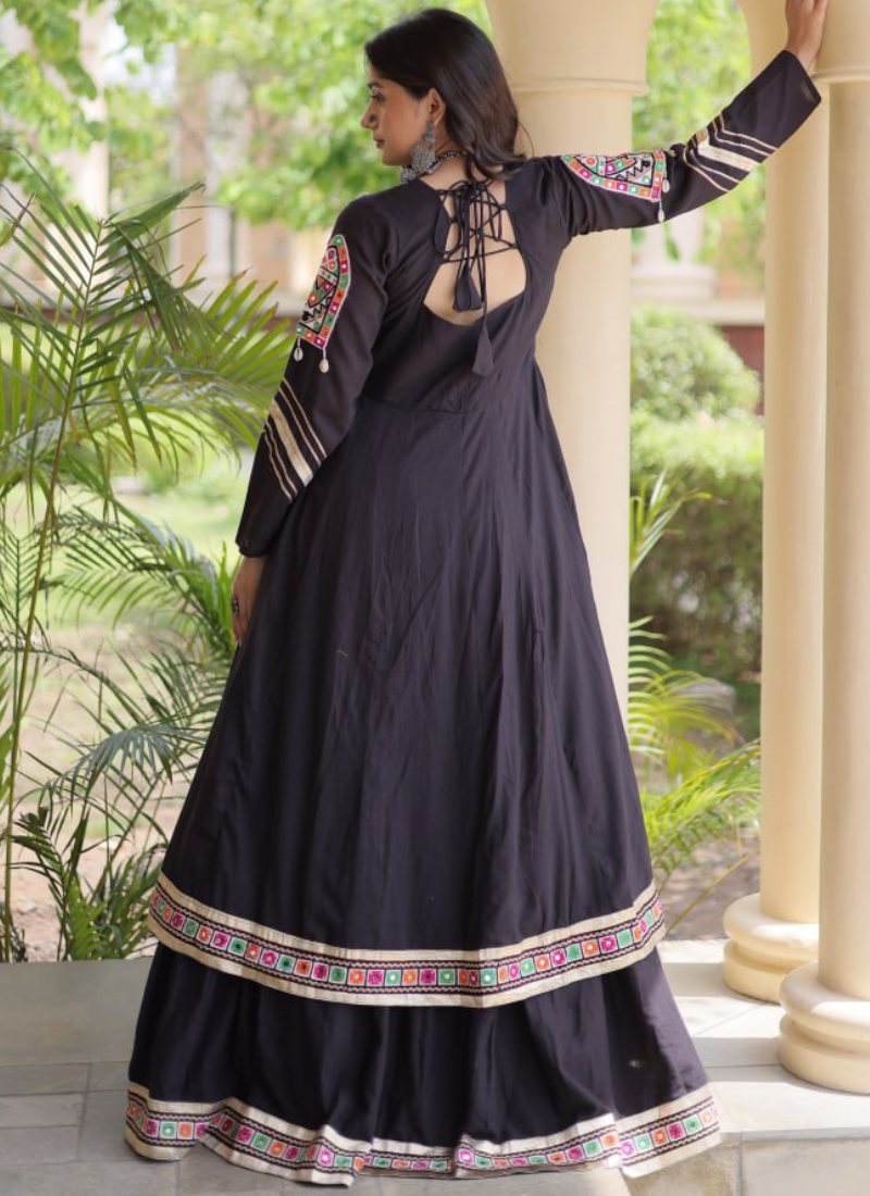 Black Navratri Wear Gamthi Thread Real Mirror Kora Cotton Lehenga Set
