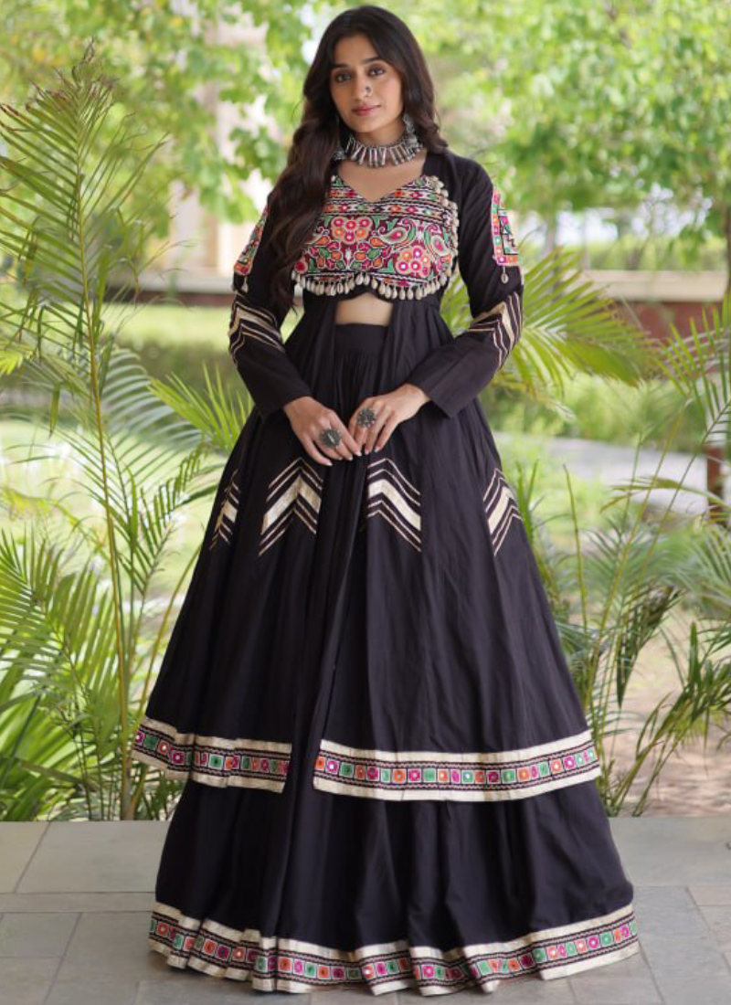 Black Navratri Wear Gamthi Thread Real Mirror Kora Cotton Lehenga Set