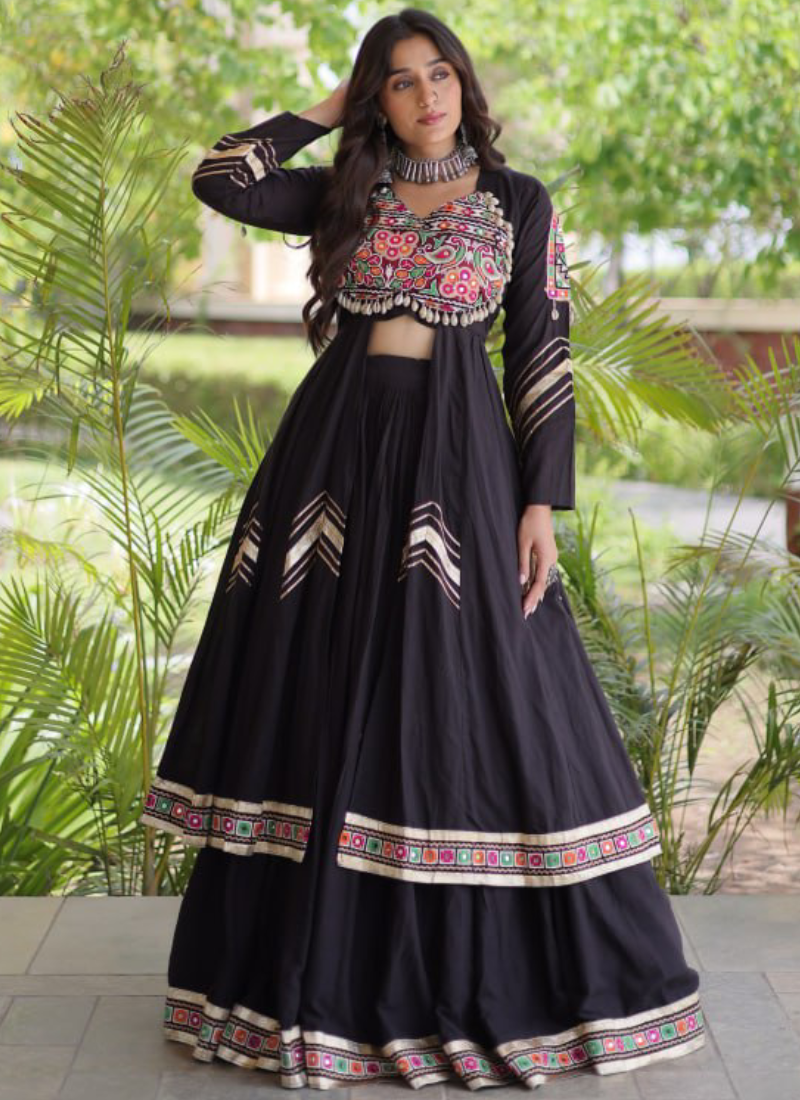 Black Navratri Wear Gamthi Thread Real Mirror Kora Cotton Lehenga Set