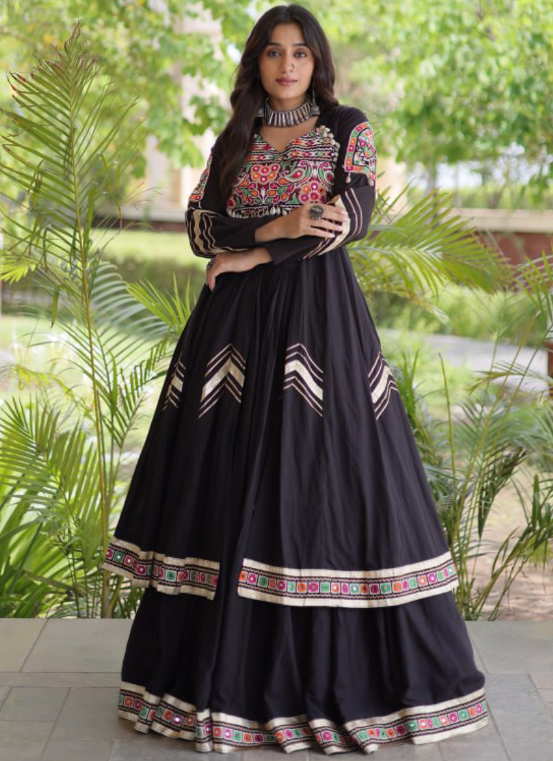 Black Navratri Wear Gamthi Thread Real Mirror Kora Cotton Lehenga Set