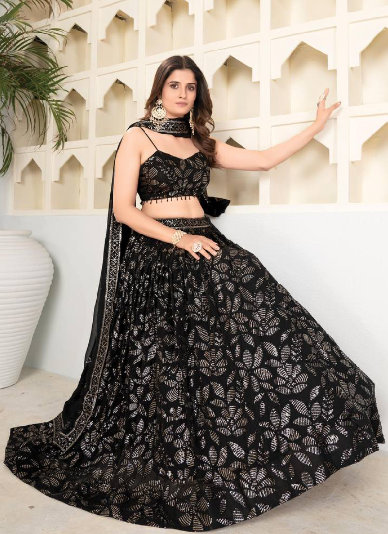 Black Sequence Embroidery Work Faux Georgette Party Wear Lehenga Choli