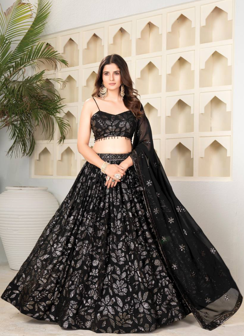 Black Sequence Embroidery Work Faux Georgette Party Wear Lehenga Choli