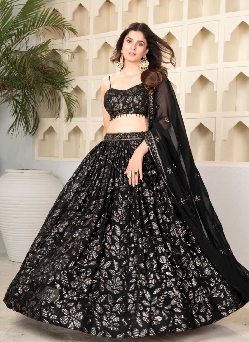Black Sequence Embroidery Work Faux Georgette Party Wear Lehenga Choli