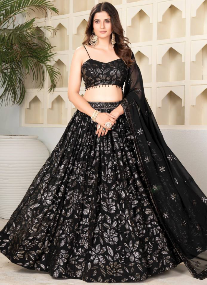 Black Sequence Embroidery Work Faux Georgette Party Wear Lehenga Choli