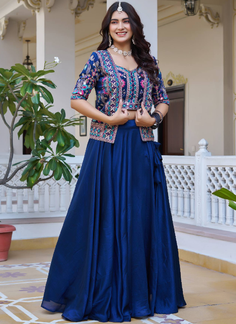 Blue Vichitra Silk Thread Embroidered Jacket Style Lehenga For Party