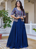 Blue Vichitra Silk Thread Embroidered Jacket Style Lehenga For Party