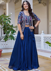 Blue Vichitra Silk Thread Embroidered Jacket Style Lehenga For Party