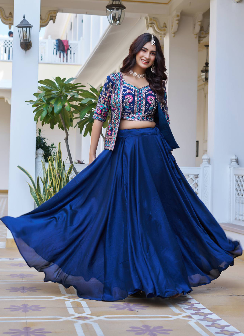 Blue Vichitra Silk Thread Embroidered Jacket Style Lehenga For Party
