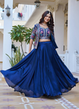 Blue Vichitra Silk Thread Embroidered Jacket Style Lehenga For Party