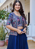 Blue Vichitra Silk Thread Embroidered Jacket Style Lehenga For Party