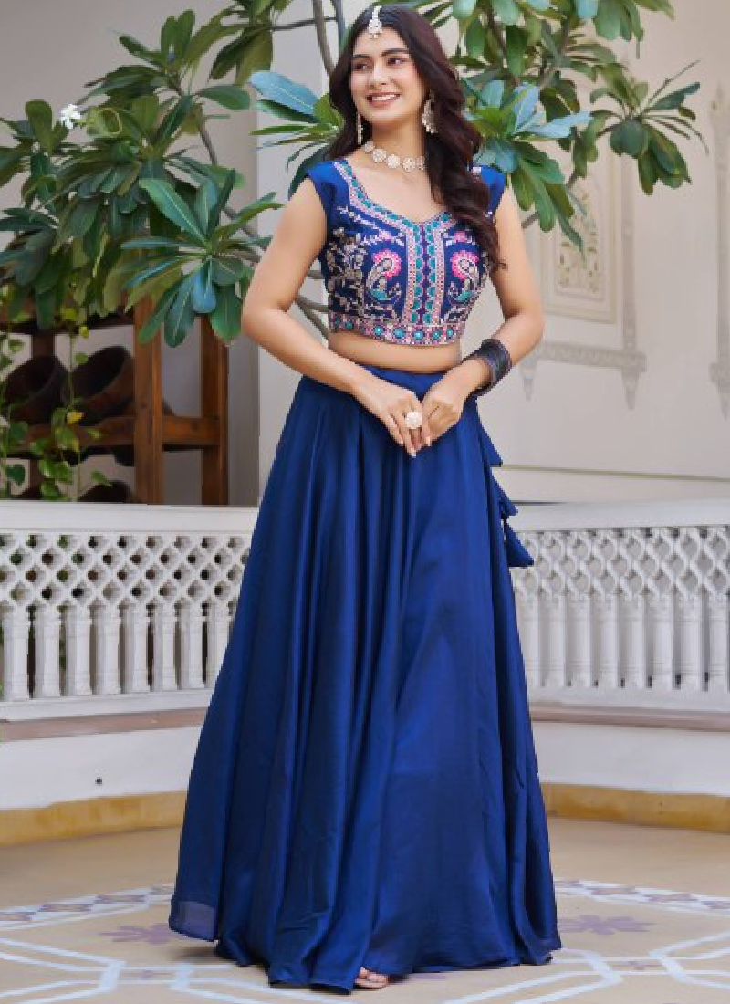 Blue Vichitra Silk Thread Embroidered Jacket Style Lehenga For Party